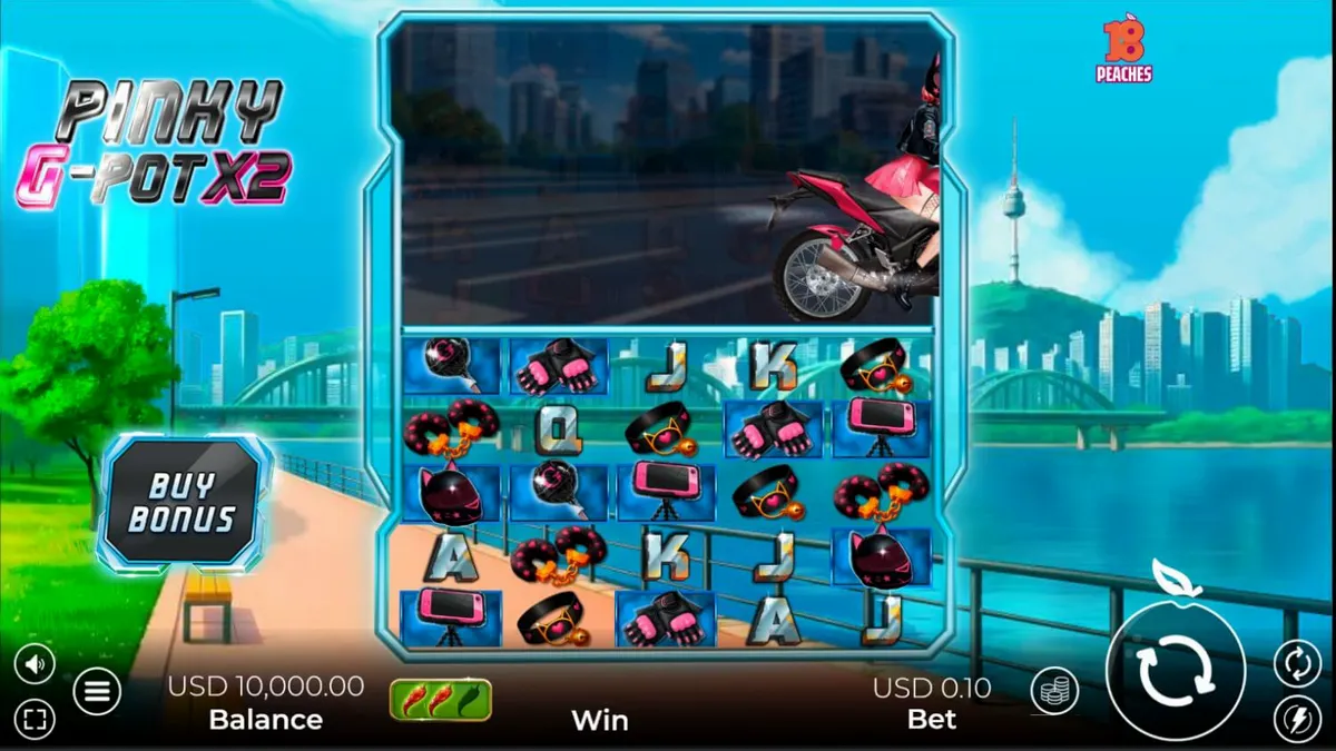 Tampilan visual neon futuristik dari slot Pinky G-Pot X2 dengan elemen motor dan budaya jalanan Seoul.