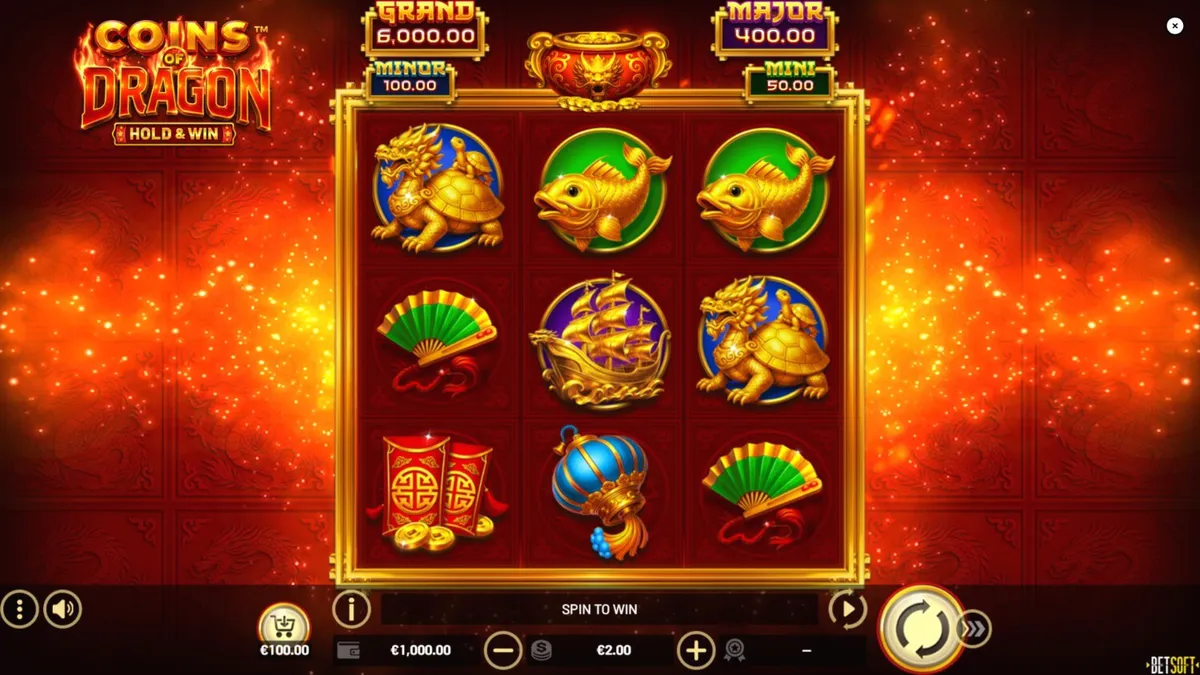 Tampilan visual slot Coins of Dragon – Hold & Win dengan tema naga emas
